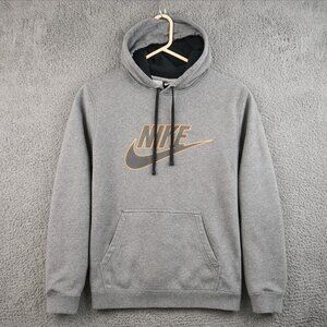 Nike Hoodie Mens Medium Y2K Center Swoosh Logo Spellout Gray Pullover Sweatshirt